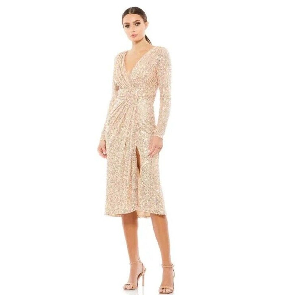 Ieena for Mac Duggal NEW Sequined Long Sleeve Midi Dress in Rose Gold Size 8
